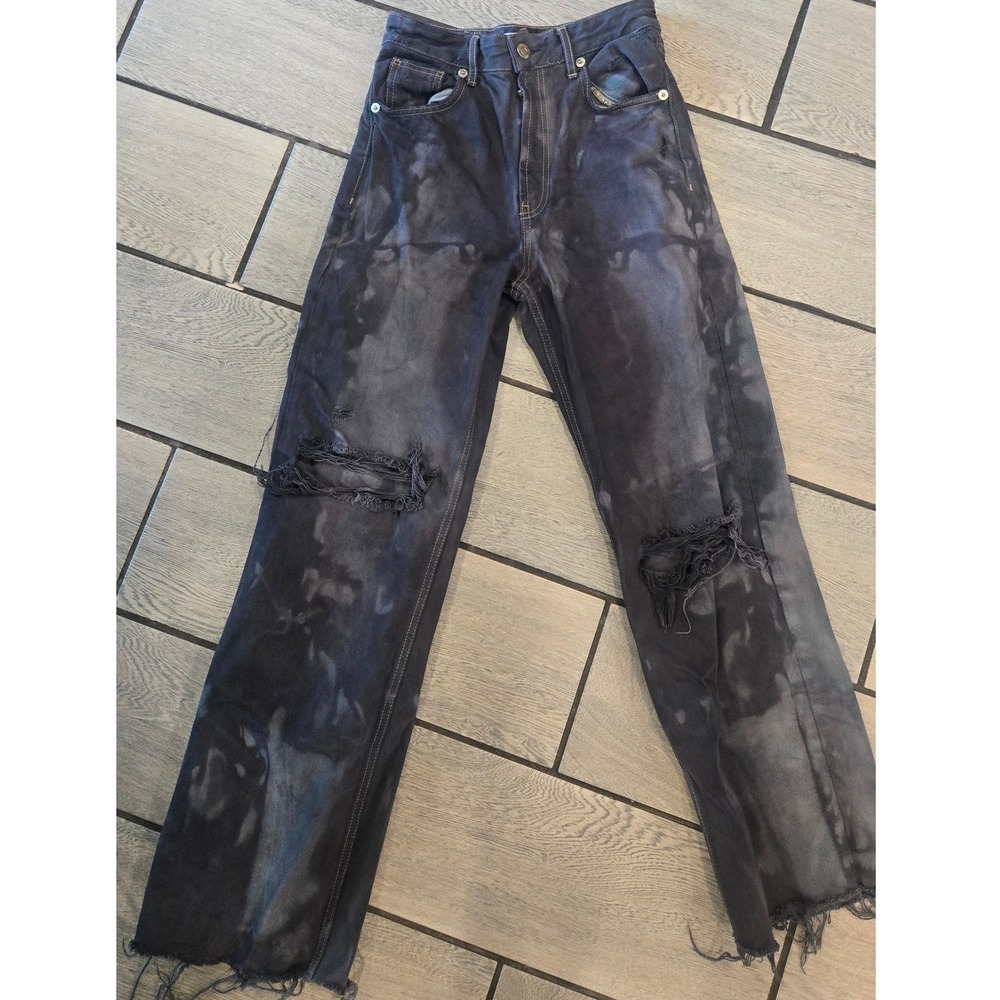 Zara Acid Wash Distressed Wide Leg Jeans Gray Black Frayed Hem Size 2 US 24 MEX
